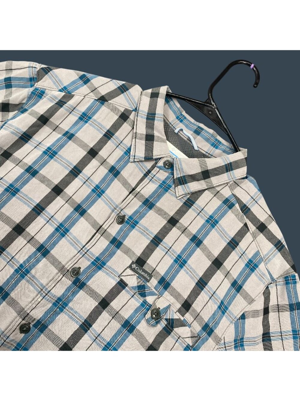 Columbia Mens Plaid Short-Sleeve Button-Down Shirt Blue & Gray Size Medium